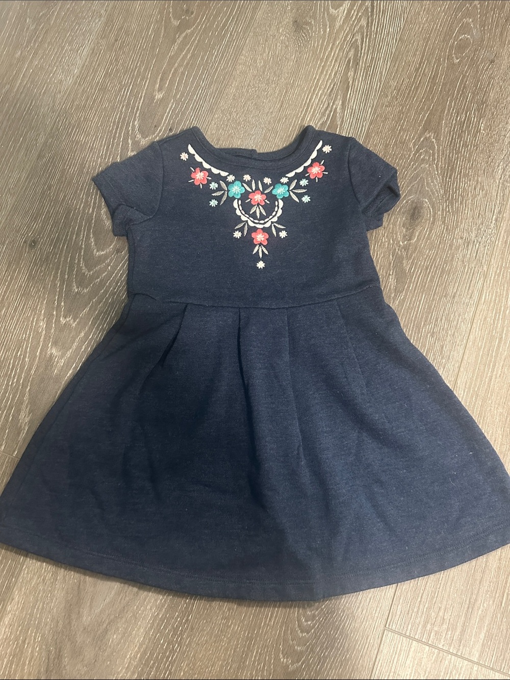 Gymboree Navy Short Sleeve Dress with Pink & Teal Floral Embroidery